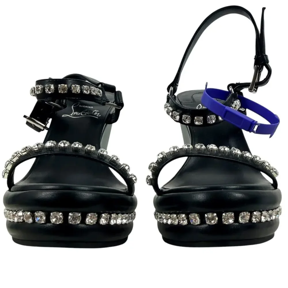 New Christian Louboutin Pyrastrass Crystals Wedge Sandals Black Size 37